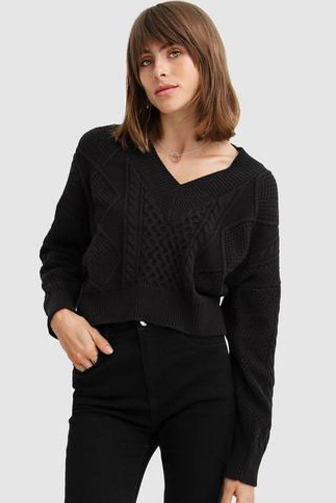 Without You Cable Knit V-neck Jumper in Black - Belle & Bloom