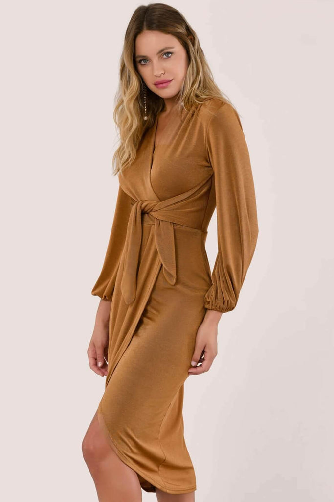 Closet Wrap Tie Dress in Bronze - Closet London