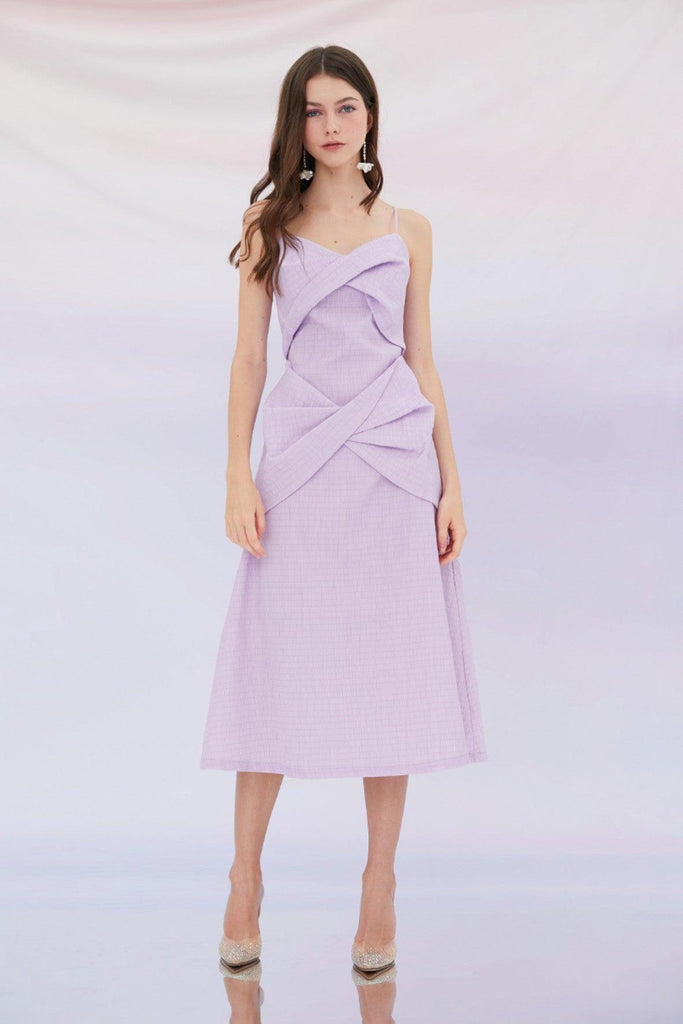 Emilia Bows Detail Straps Midi Dress in Purple - Nimisski